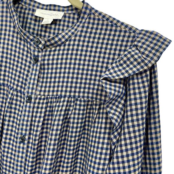 Treasure & Bond Blue Gray Plaid Button Up Long Sleeve Babydoll Dress Ruffle - Picture 2 of 9